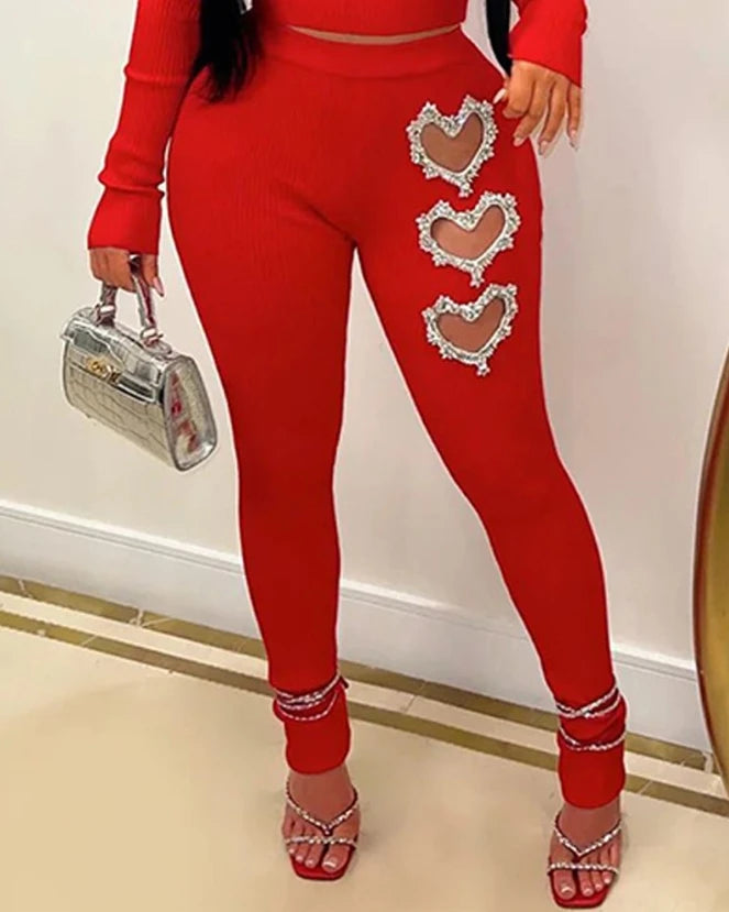 Two Piece Set Women Outfit Spring Fashion Hollow Heart Rhinestone Mock Neck Long Sleeve Top &amp; Casual High Waist Skinny Pants Set