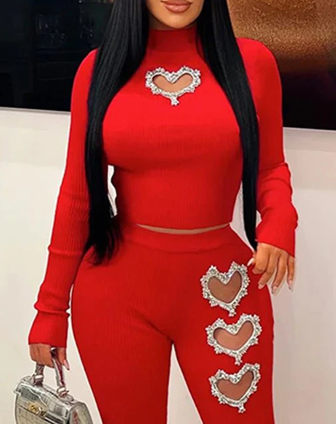 Two Piece Set Women Outfit Spring Fashion Hollow Heart Rhinestone Mock Neck Long Sleeve Top &amp; Casual High Waist Skinny Pants Set