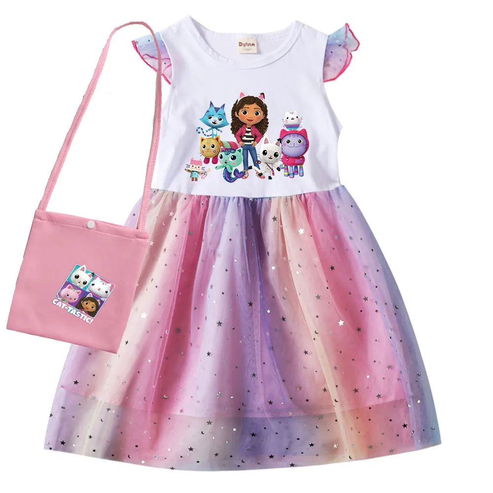 Ropa de gatos Gabby, Vestidos de manga corta para niños, niñas pequeñas, Gabbys, casa de muñecas, vestido de fiesta de cumpleaños de arcoíris, Vestidos de lentejuelas para bebé