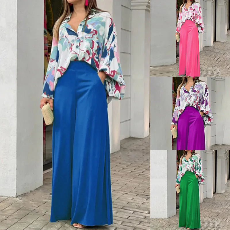 Two Piece Set Flared Sleeve Shirts Wide Leg Pants Lady Suit 2 Women's Clothing