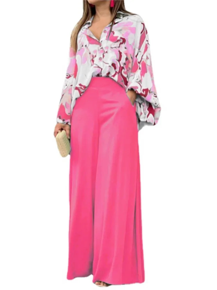 Two Piece Set Flared Sleeve Shirts Wide Leg Pants Lady Suit 2 Women's Clothing