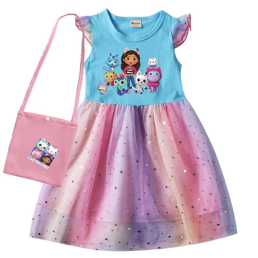 Ropa de gatos Gabby, Vestidos de manga corta para niños, niñas pequeñas, Gabbys, casa de muñecas, vestido de fiesta de cumpleaños de arcoíris, Vestidos de lentejuelas para bebé