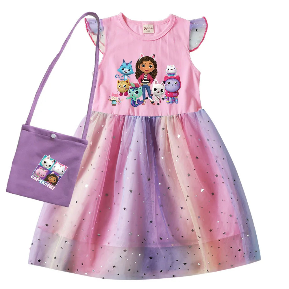 Ropa de gatos Gabby, Vestidos de manga corta para niños, niñas pequeñas, Gabbys, casa de muñecas, vestido de fiesta de cumpleaños de arcoíris, Vestidos de lentejuelas para bebé