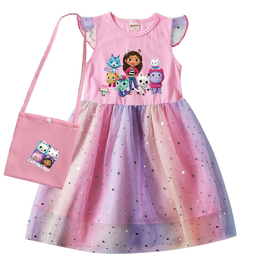 Ropa de gatos Gabby, Vestidos de manga corta para niños, niñas pequeñas, Gabbys, casa de muñecas, vestido de fiesta de cumpleaños de arcoíris, Vestidos de lentejuelas para bebé