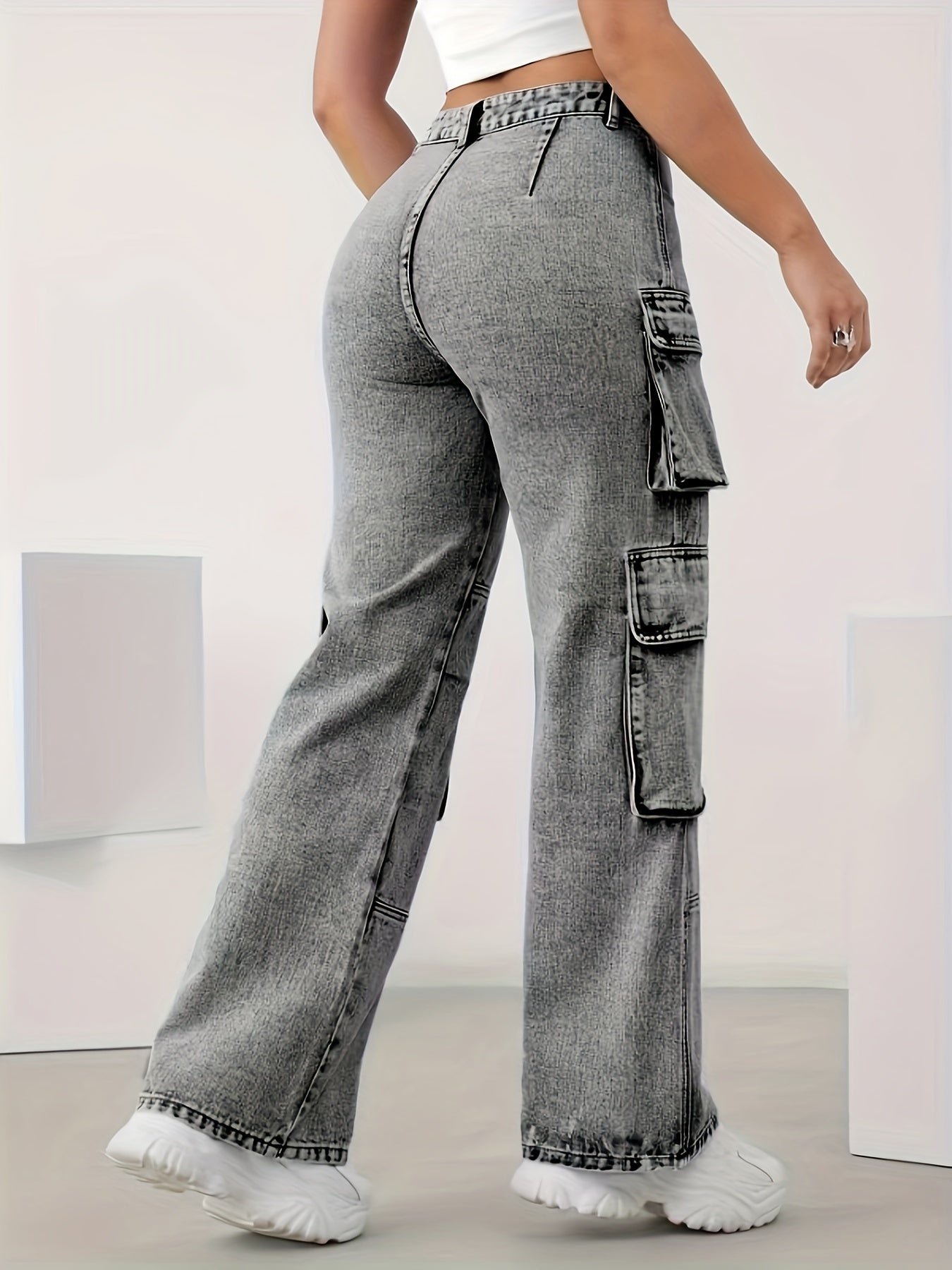 Pantalones vaqueros cargo elegantes de cintura alta para mujer: